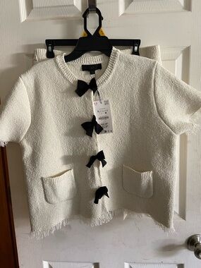 Zara Cream Textured Short Sleeve Cardigan with Black Bows